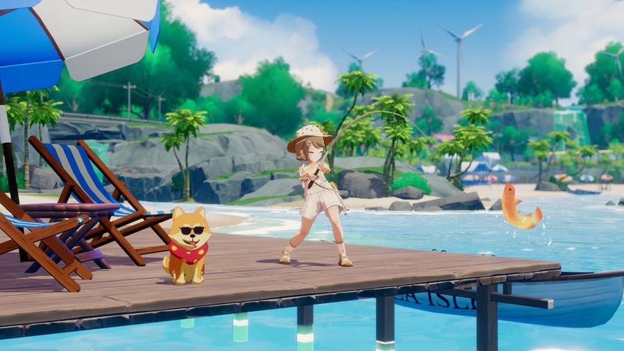 Fishing from a wooden dock at Half-Moon Bay with a shiba dog in sunglasses