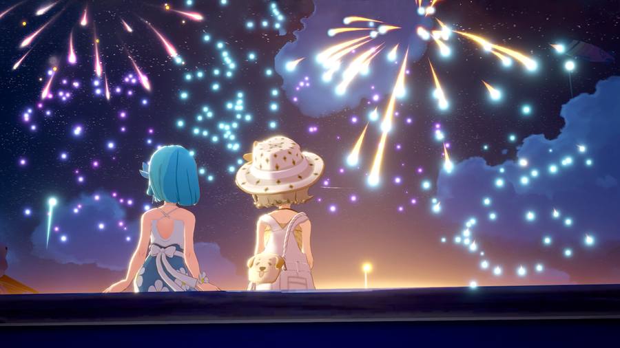 Two characters watching fireworks over the sea at night